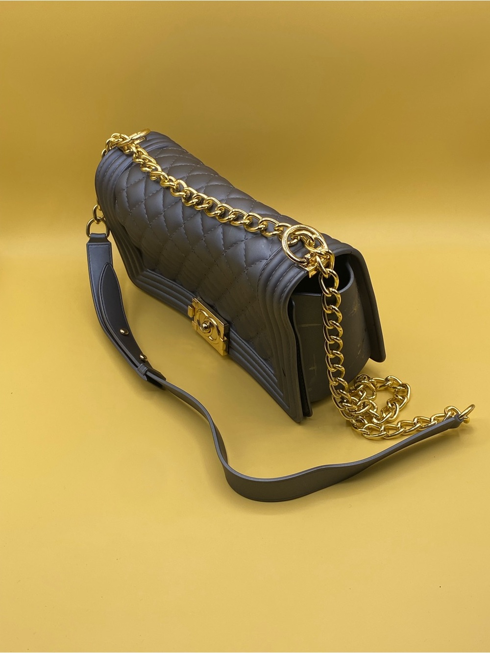 Quilted Chain-Accent Shoulder Bag in Gray with Gold Hardware - Picture 2 of 4
